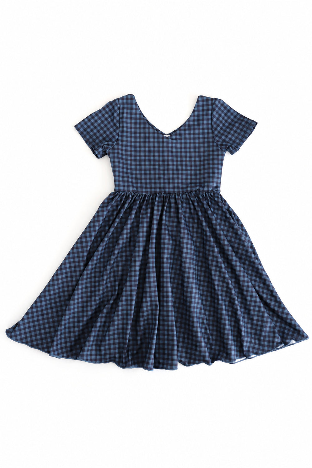 girls' v-neck short sleeve twirl dress with lettuce hem in fall blue and navy gingham print