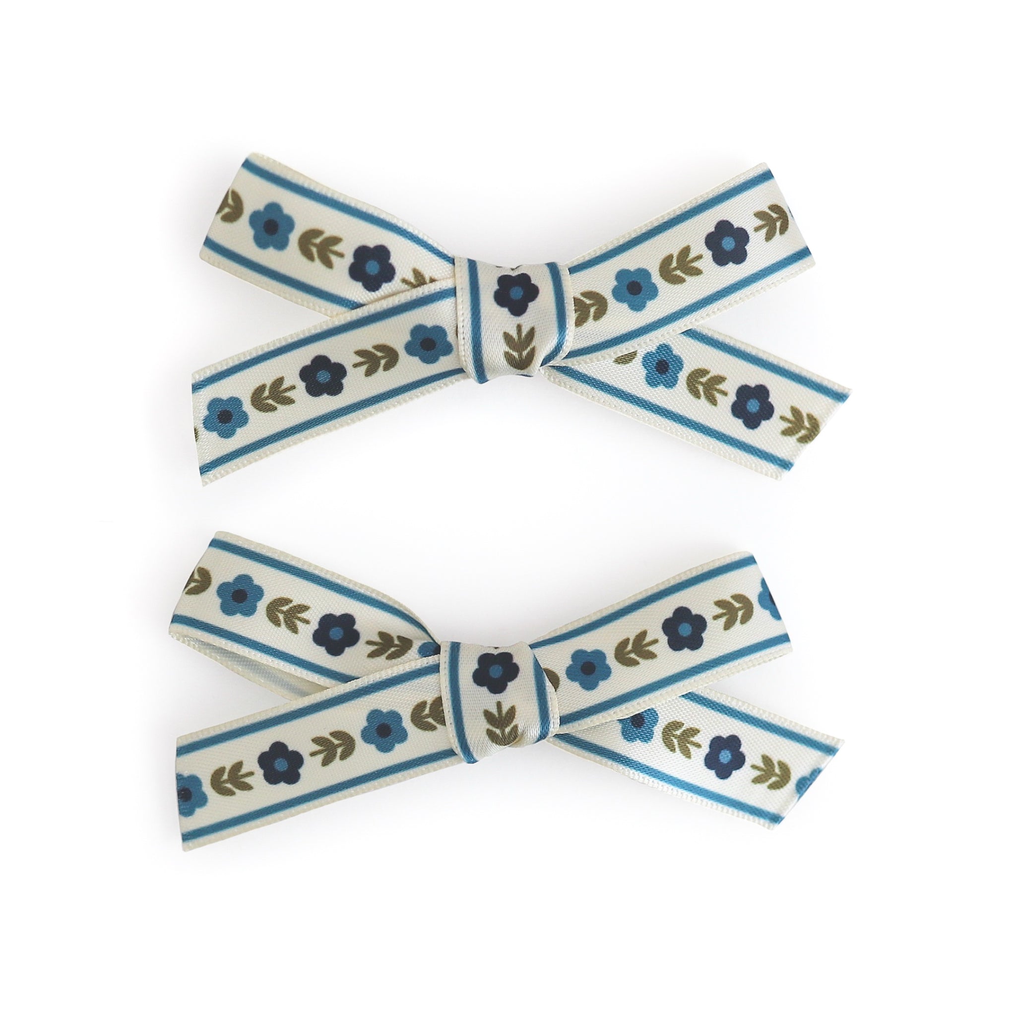 girls blue and olive floral print ribbon pigtail bows on alligator clips