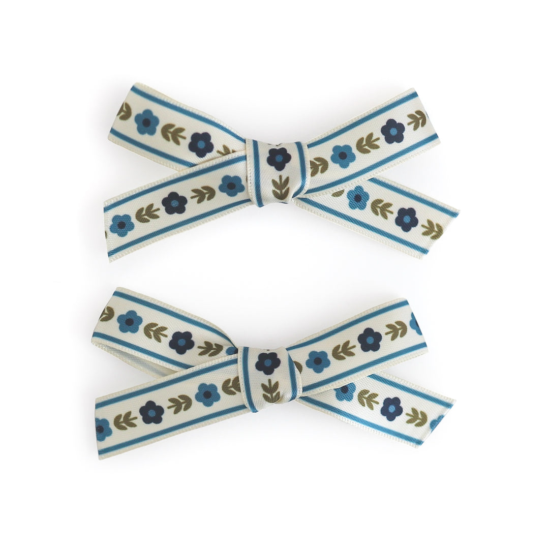 girls blue and olive floral print ribbon pigtail bows on alligator clips