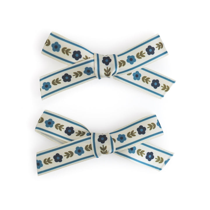girls blue and olive floral print ribbon pigtail bows on alligator clips