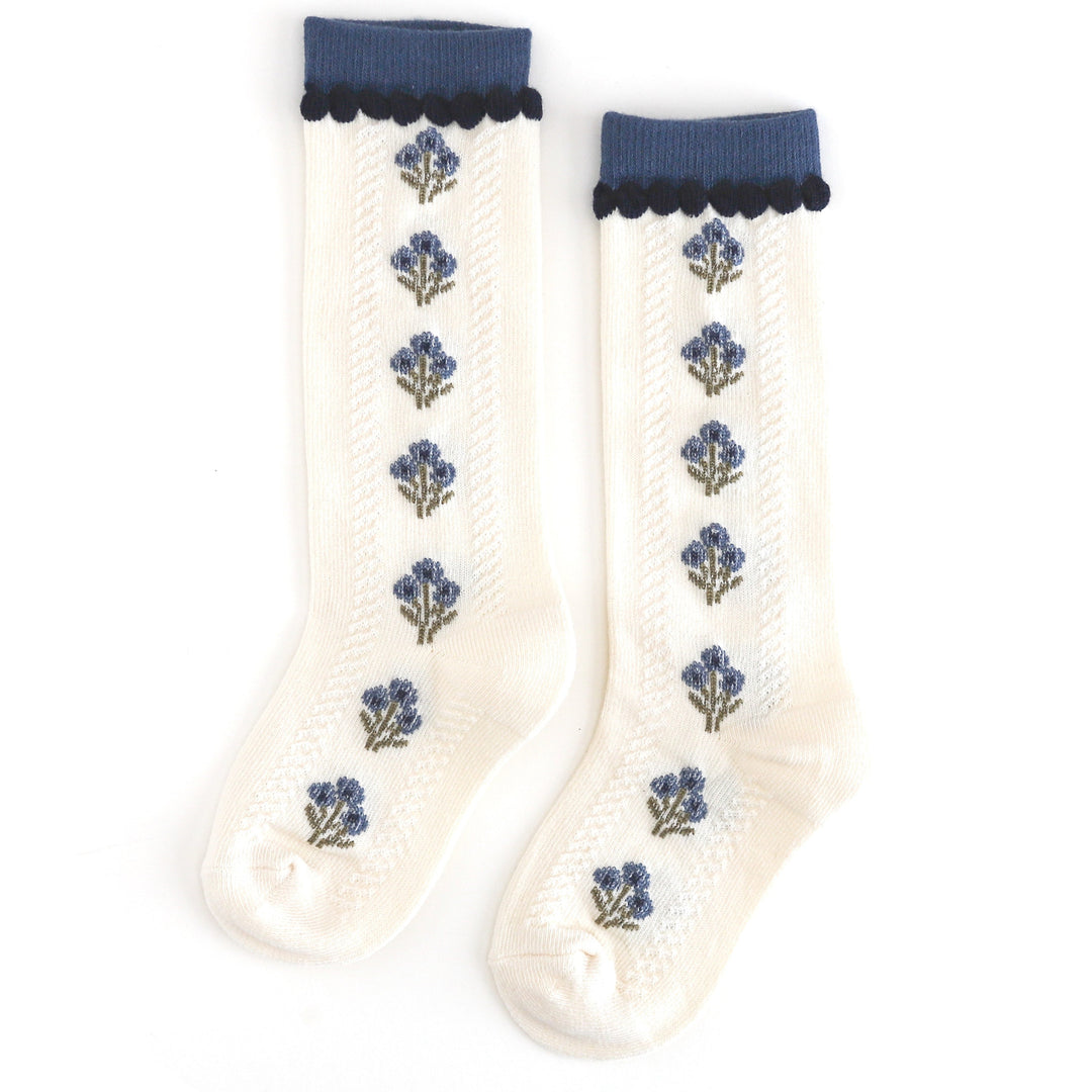 girls ivory knee socks with fall blue floral bouquet design and matching blue and navy trim