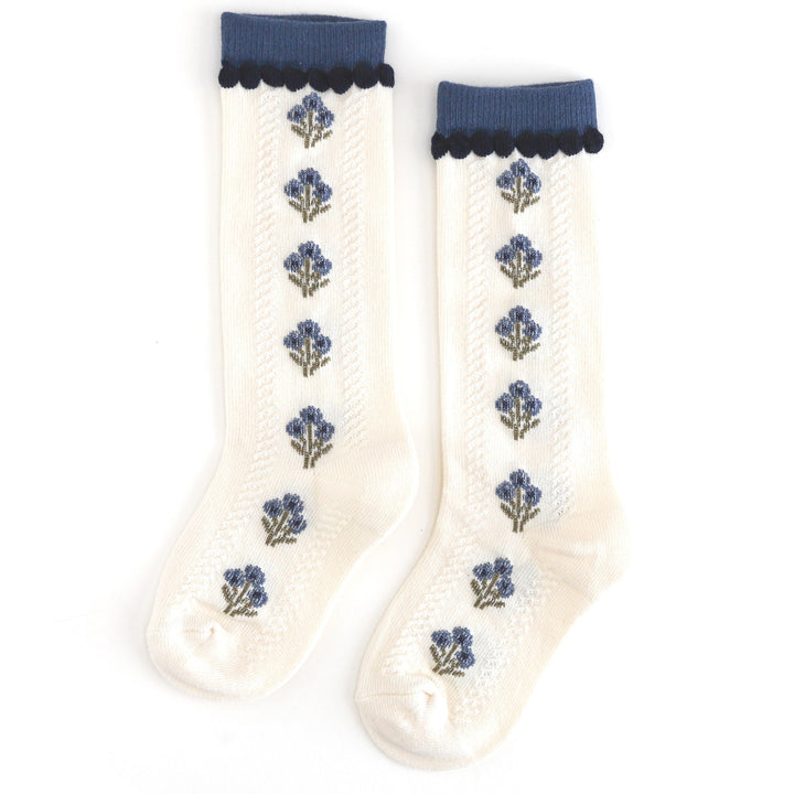 girls ivory knee socks with fall blue floral bouquet design and matching blue and navy trim