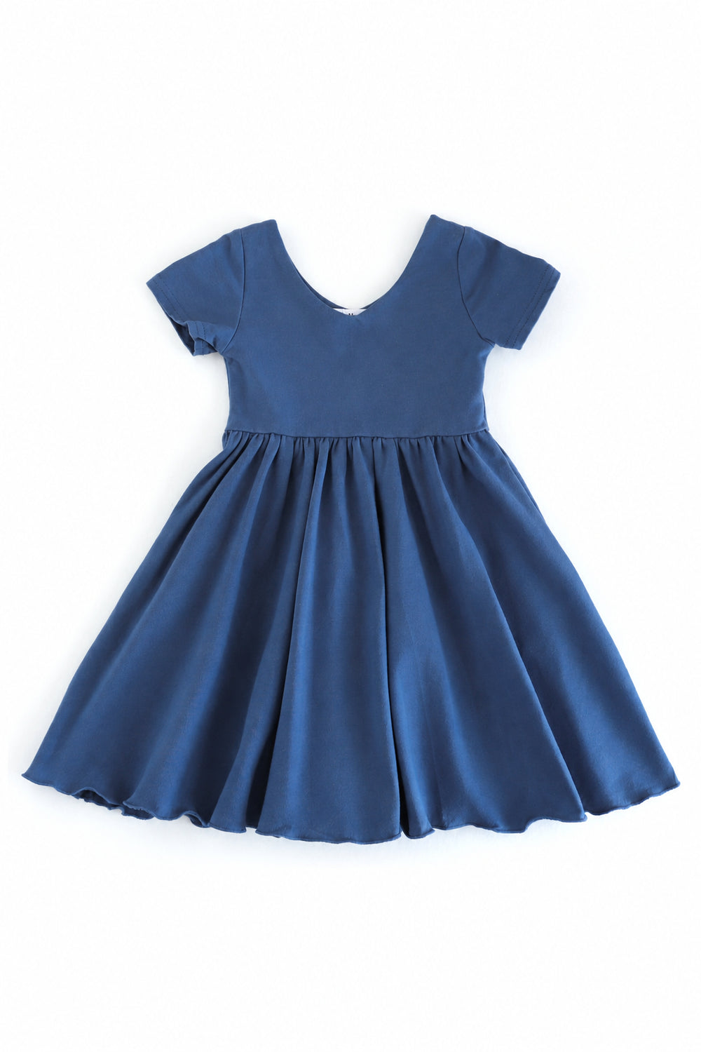 girls' blue cotton blend, v-neck, short sleeve twirl dress with lettuce hem for fall