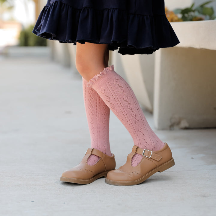 muted pink fancy crochet knee high socks for girls