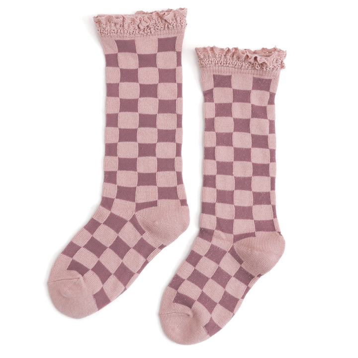 girls' blush and rose checkered lace top knee high socks