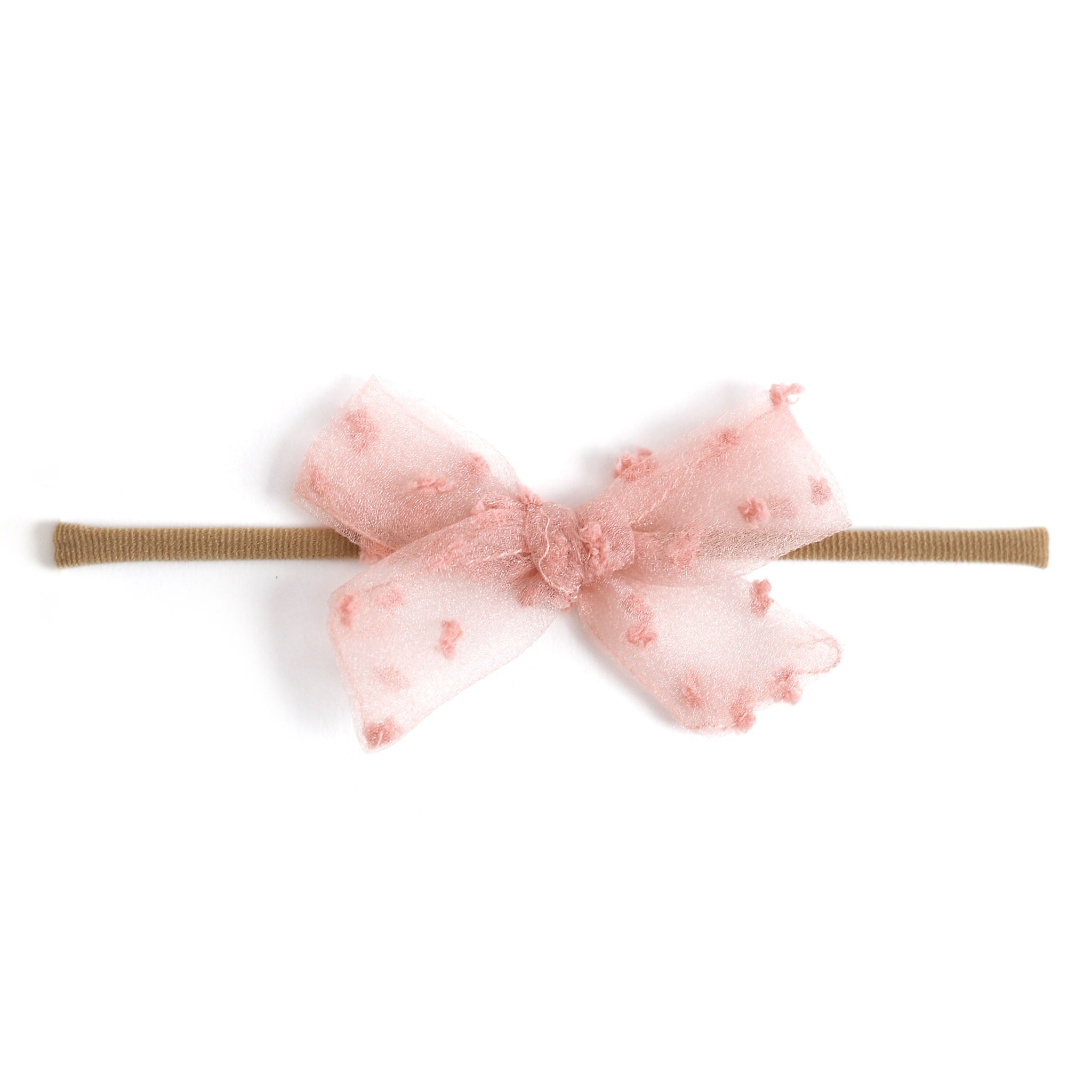 blush pink sheer mesh dot baby bow on nylon headband