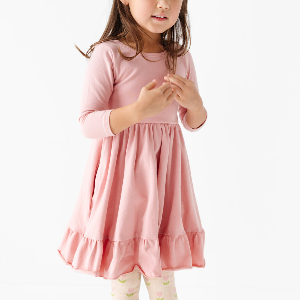 blush pink cotton belnd twirl dress with ruffle hem and pockets
