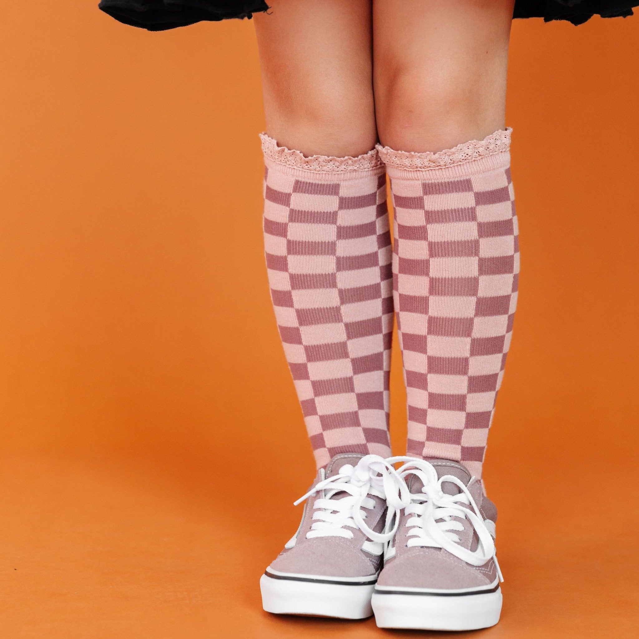 girls pink checker knee high socks with lace