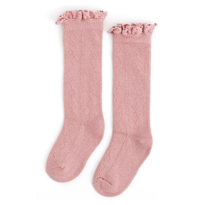 blush pink fancy crochet knit knee high socks for babies, toddlers and girls