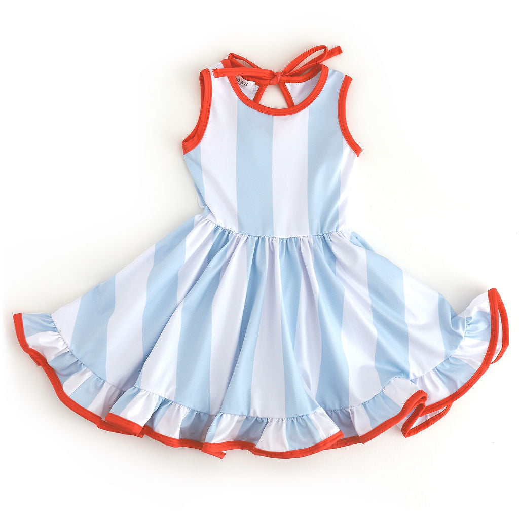 girls light blue and white wide vertical stripe sleeveless twirl dress with bright orange trim 