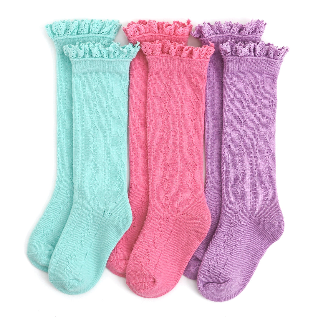 fancy knee high socks in spring hues of aquamarine, taffy pink and wisteria purple