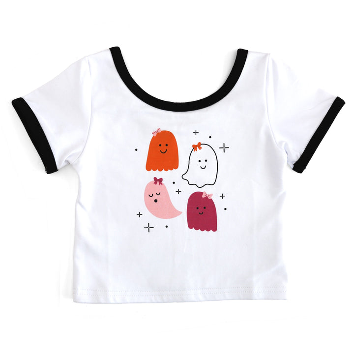 girls' fitted white t-shirt with black binding and ghost with bows print in pinks, orange and white for Halloween