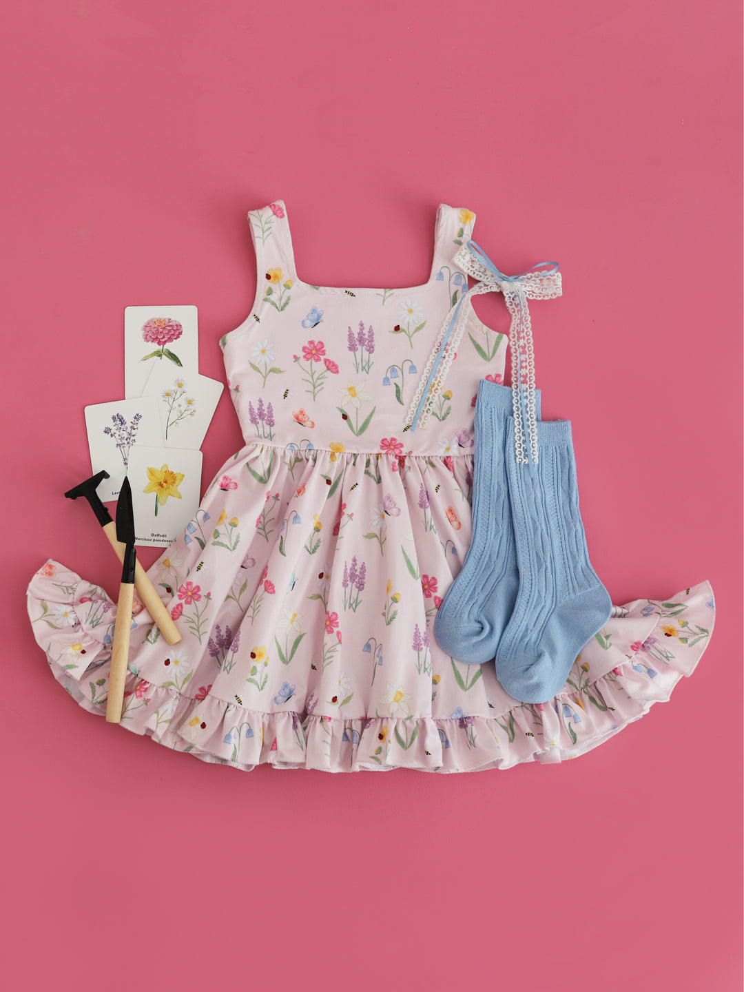 girls'' botanical floral print sleeveless twirl dress with matching blue knee highs and hair bow for spring and summer