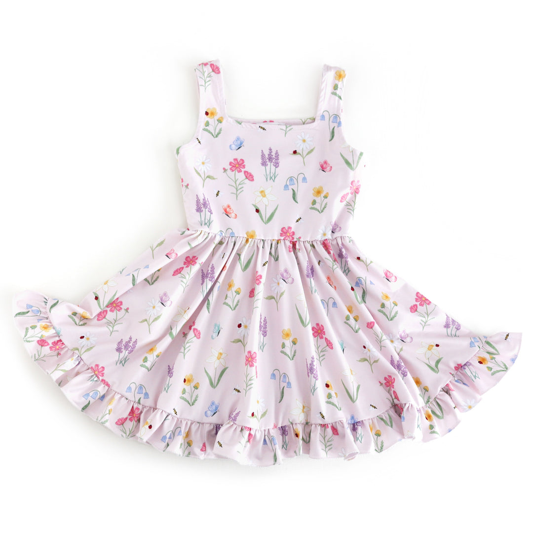 girls sleeveless square neck twirl dress with botanical flower print