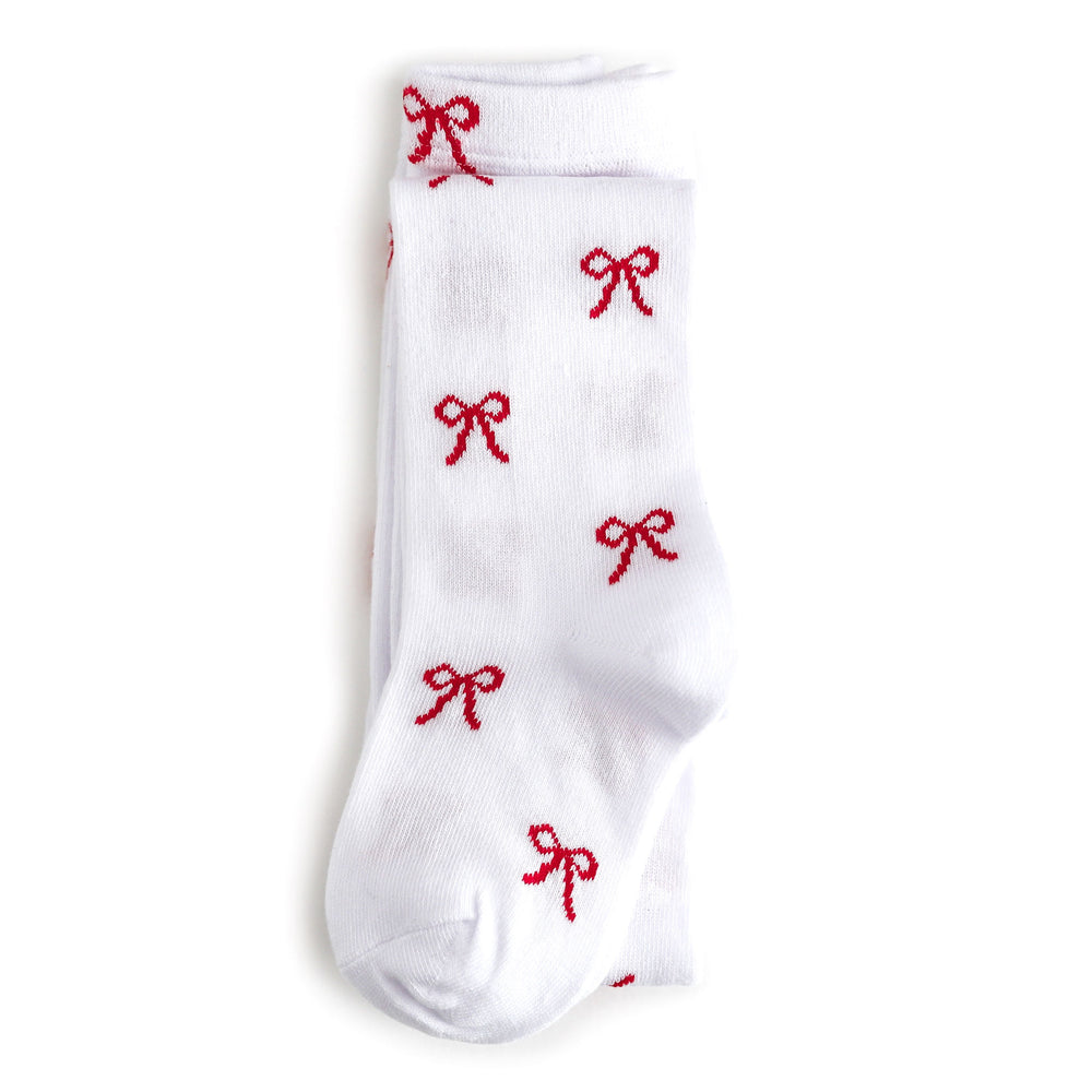 girls white knit 
tights with red bows