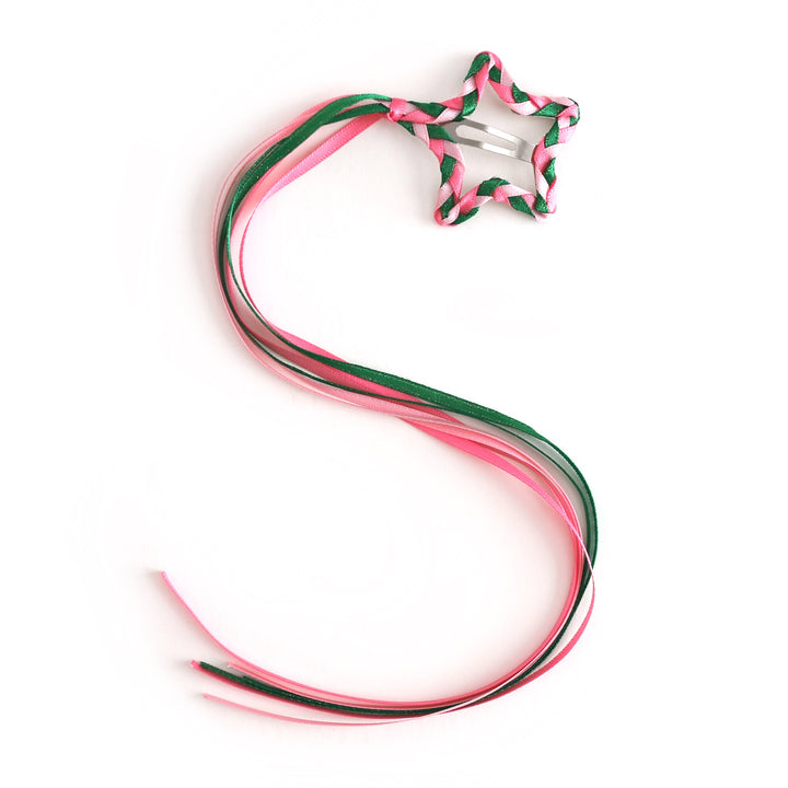 girl's braided star snap clip with pink and green ribbon tail to match Wicked inspired Halloween outfit