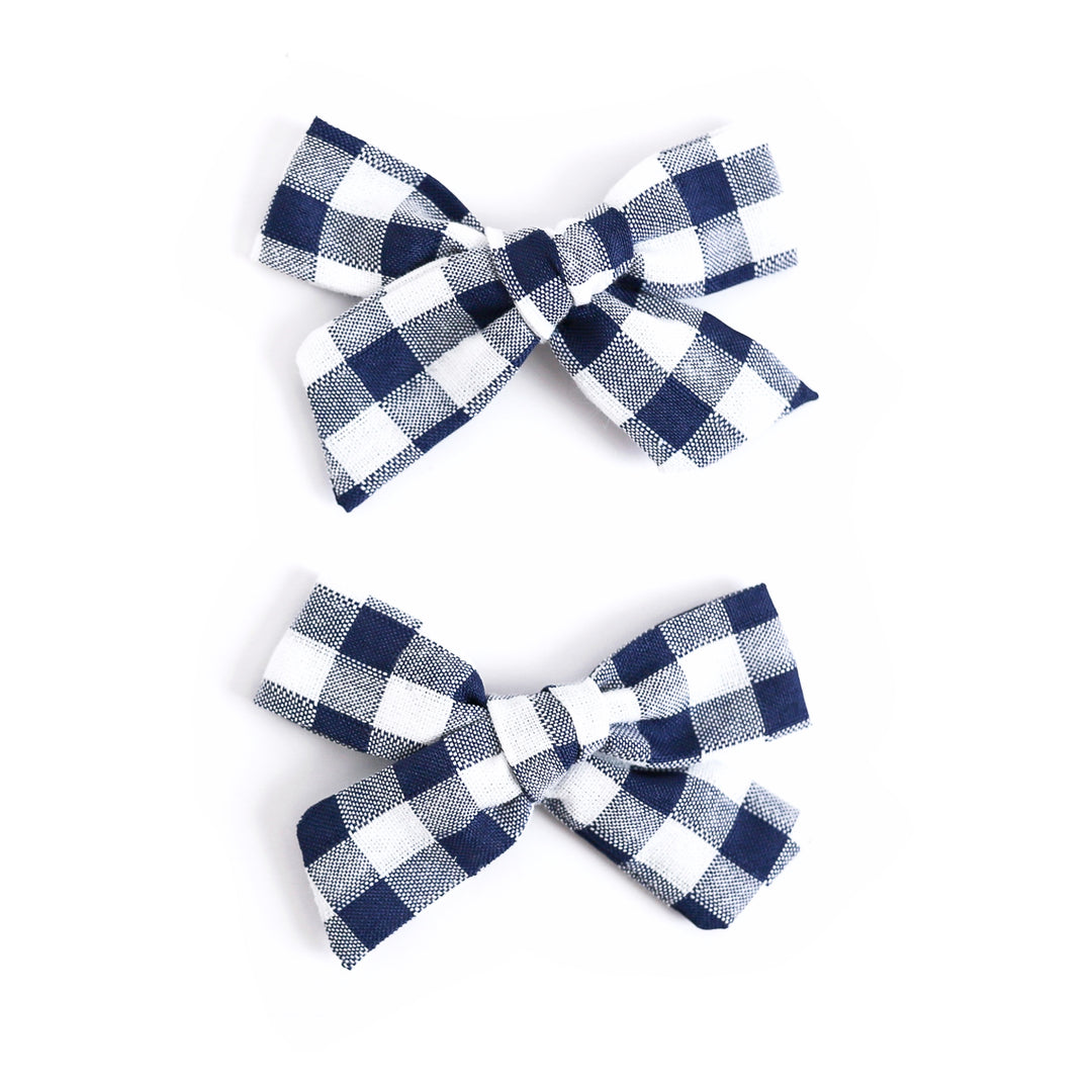 girls' bright navy blue and white gingham pigtail hair bow clips