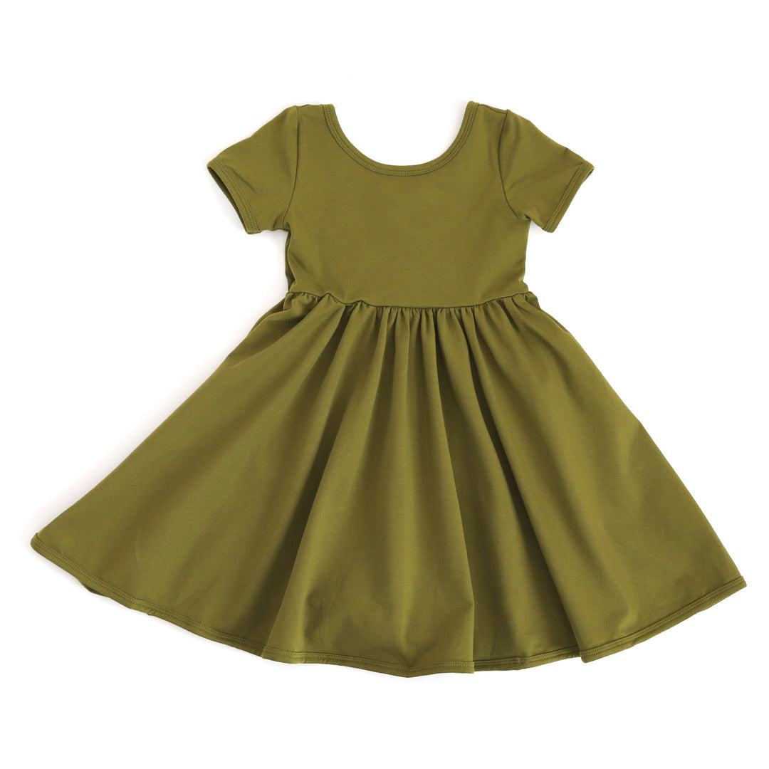 girls' cotton everyday dress with pockets in bright olive green