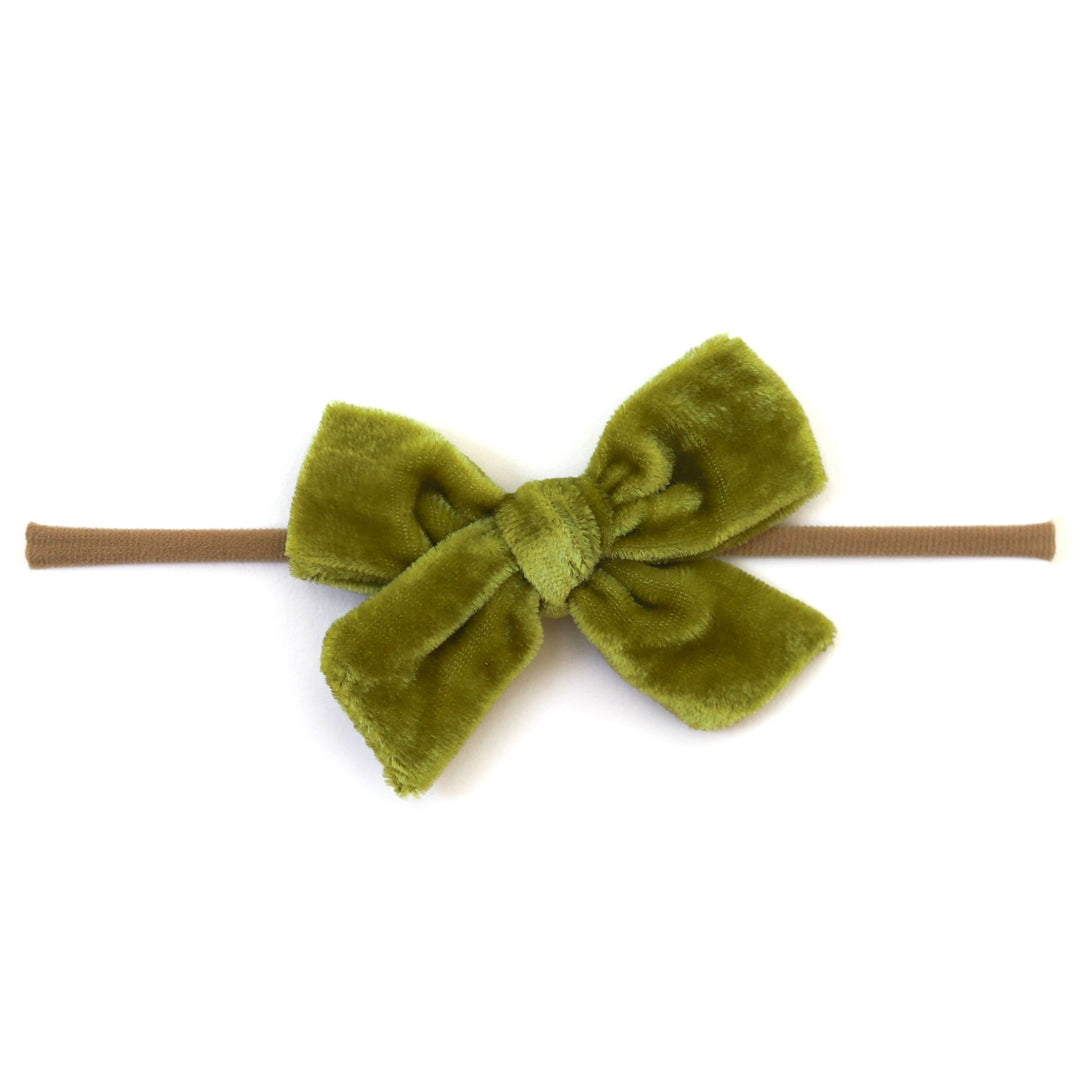 bright olive velvet baby hair bow on nylon band