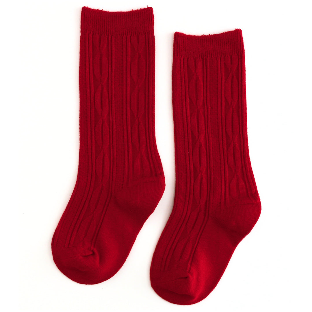 bright red stretchy cotton blend cable knit knee high socks 