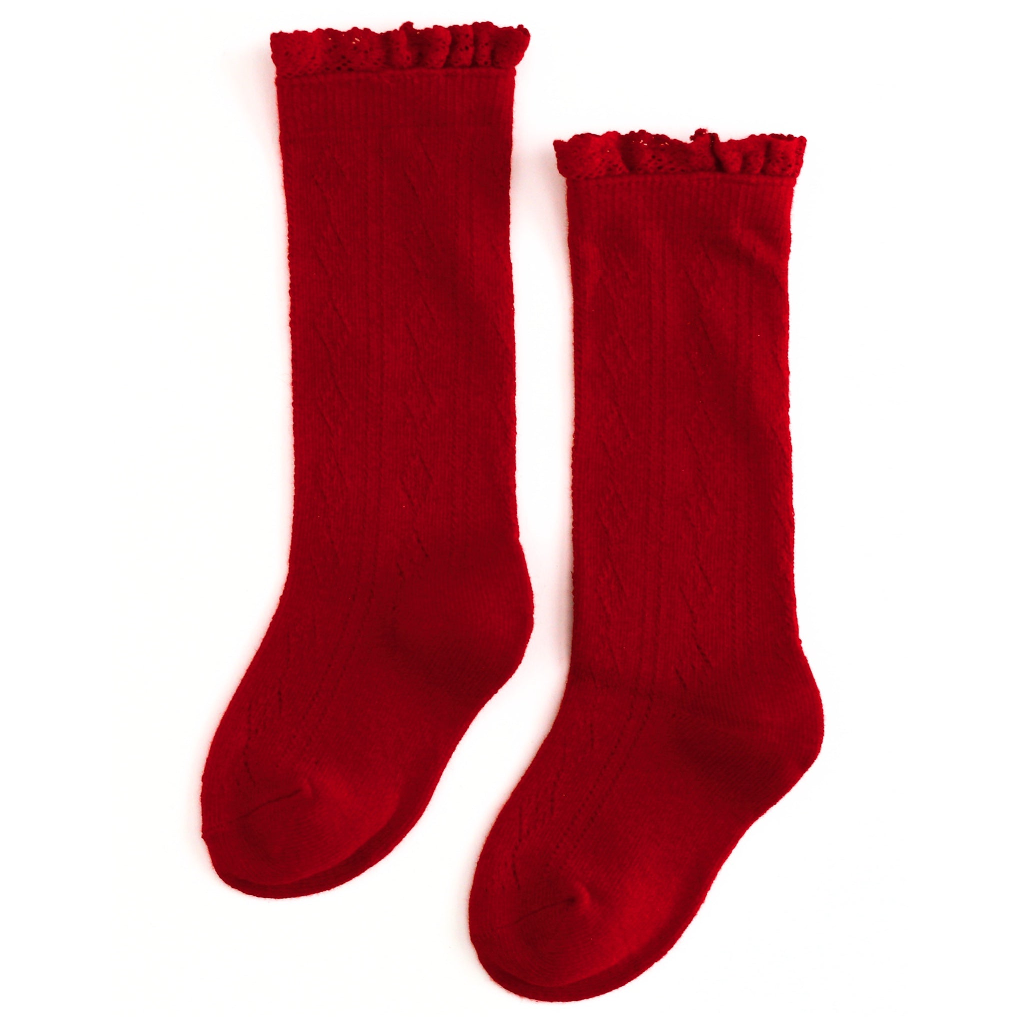 girls bright red pointelle knit knee high socks with lace trim
