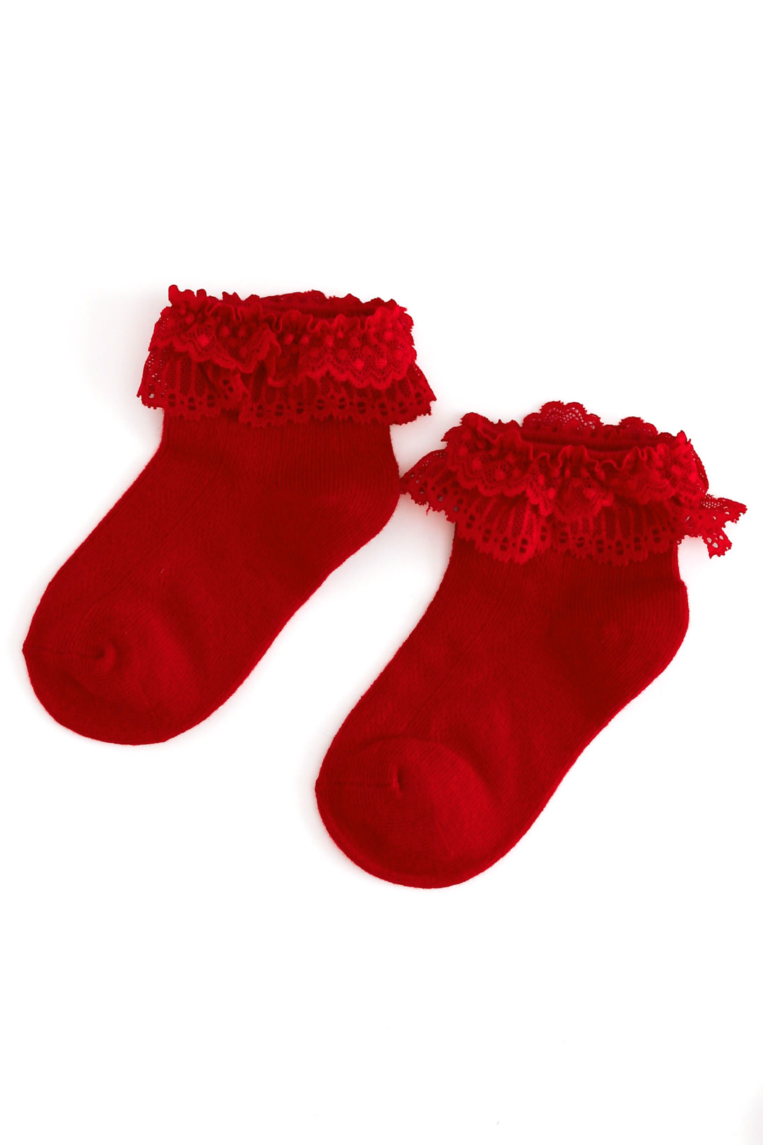 Bright red ankle socks with delicate lace trim for Christmas