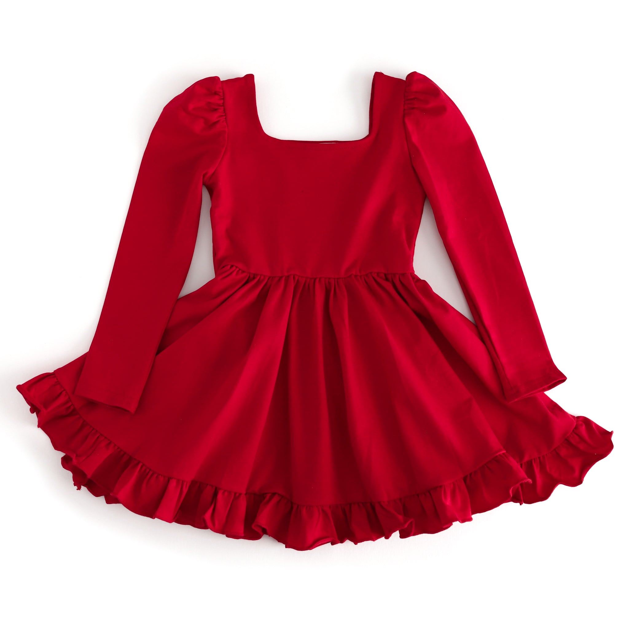 girls bright red cotton blend twirl dress with long sleeves, square neckline and ruffle hem for Valentine's Day