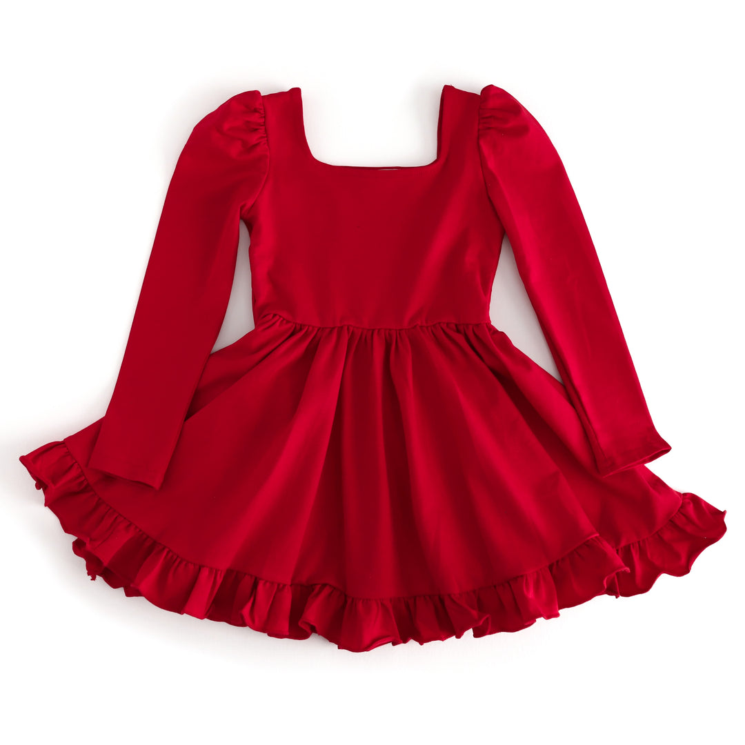 girls bright red cotton blend twirl dress with long sleeves, square neckline and ruffle hem for Valentine's Day