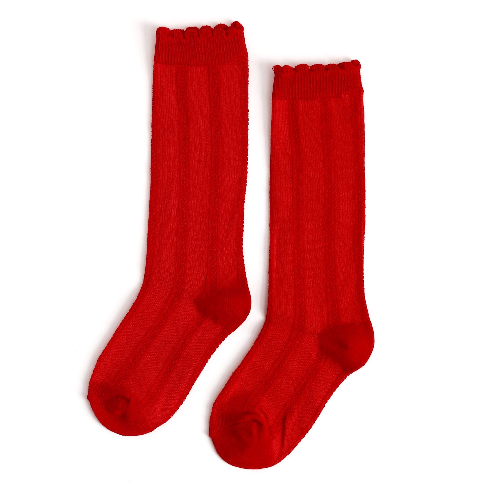 girls bright red knee high socks with vertical knit detail for Valentines Day