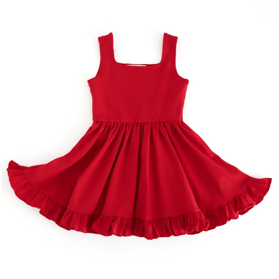 girls bright red square neck sleeveless twirl dress with ruffle trim