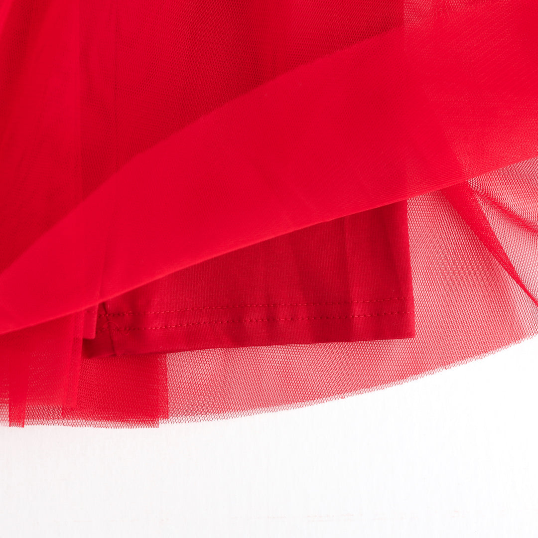 closeup of built in biker shorts on little girls red tutu skirt