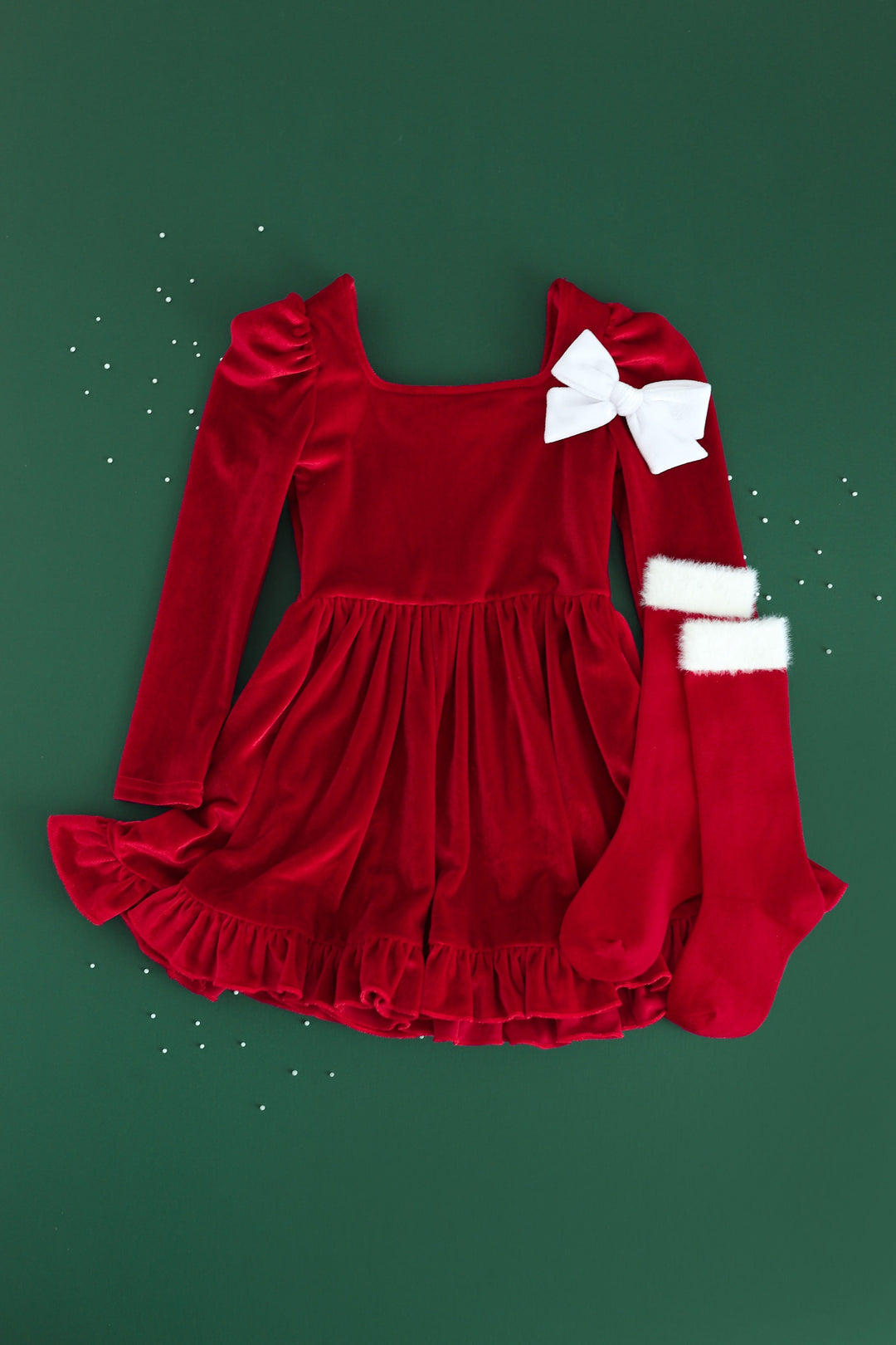 girls christmas outfit red velvet dress, santa furry knee highs and matching hair bow