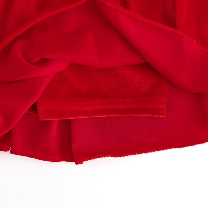 closeup of attached red velvet biker style shorts for girls Valentines skort