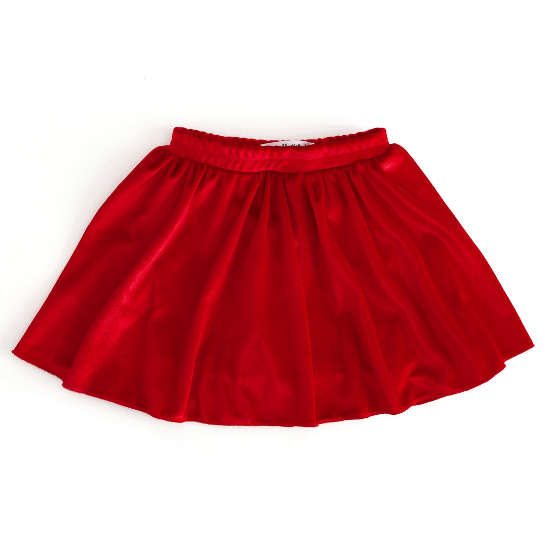 girls bright red velvet twirly skort made to match Valentine's tops and sweaters