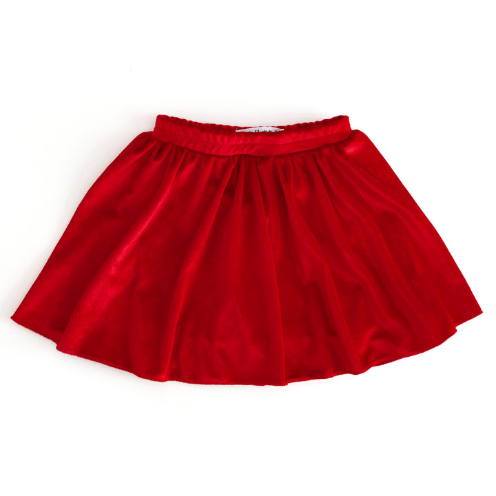 girls bright red velvet twirly skort made to match Valentine's tops and sweaters