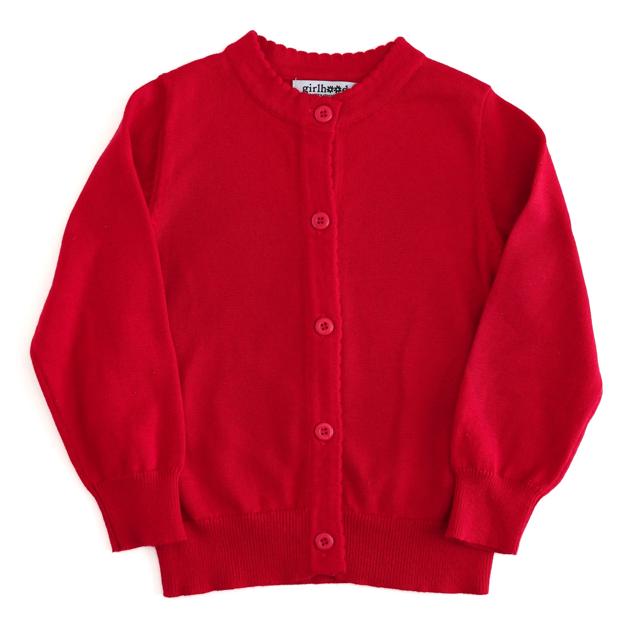 girls red cotton knit cardigan sweater with button front for school uniform and back to school outfits