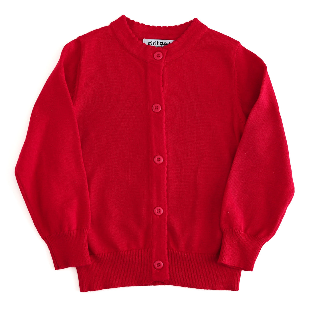 girls red cotton knit cardigan sweater with button front for school uniform and back to school outfits