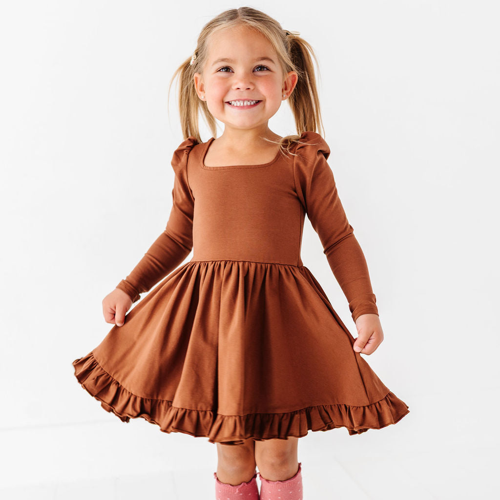little girl wearing brown long sleeve cotton blend dress for Fall