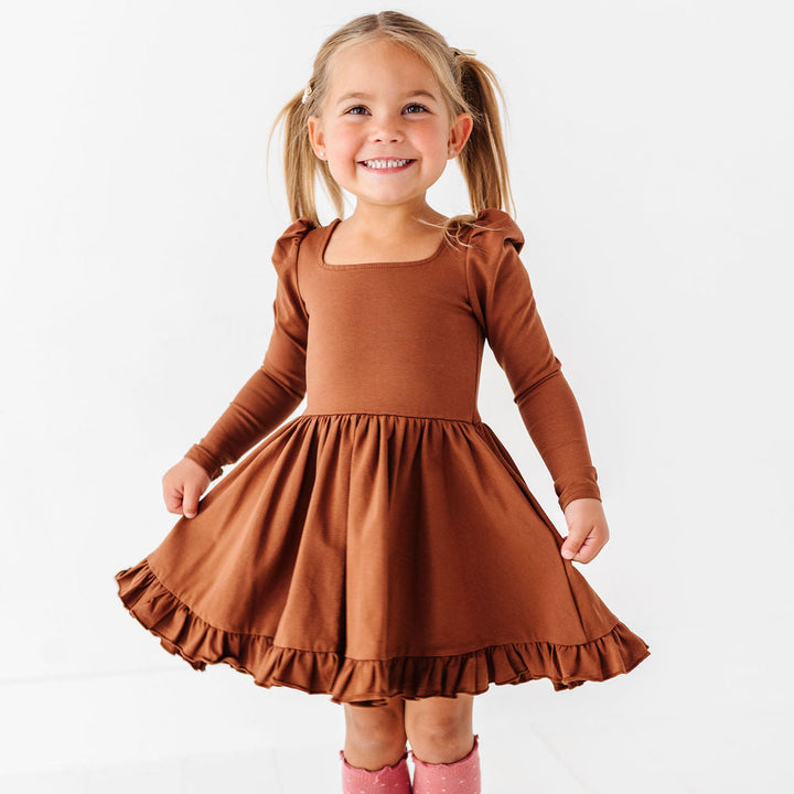 little girl wearing brown long sleeve cotton blend dress for Fall