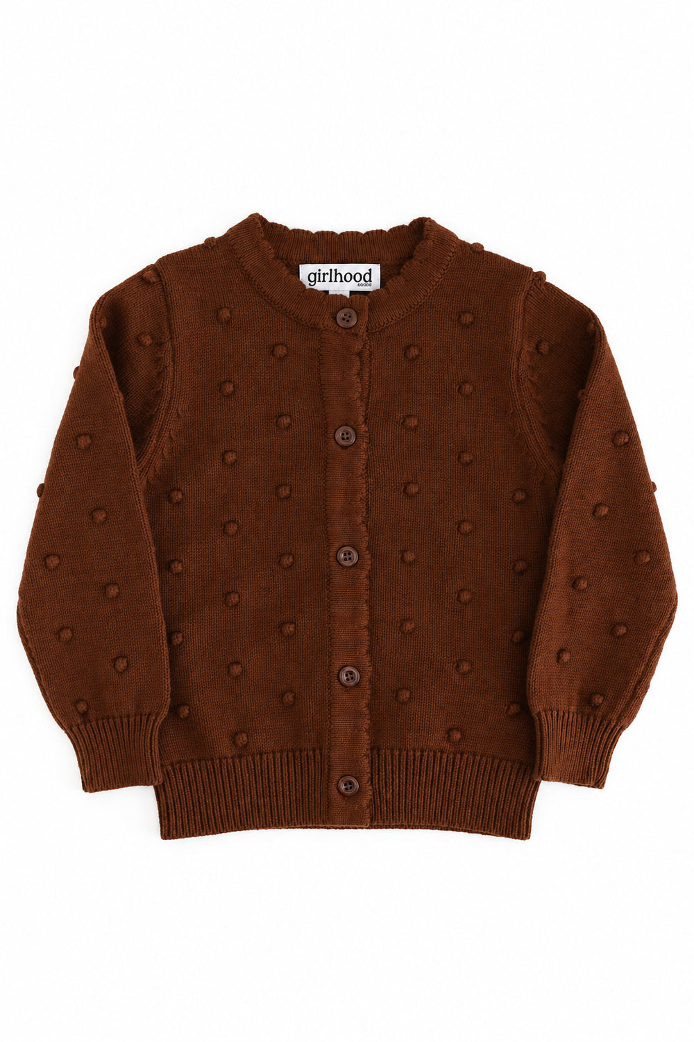 girls' fall brown knit cardigan with button front scalloped placket and 3D bubble design