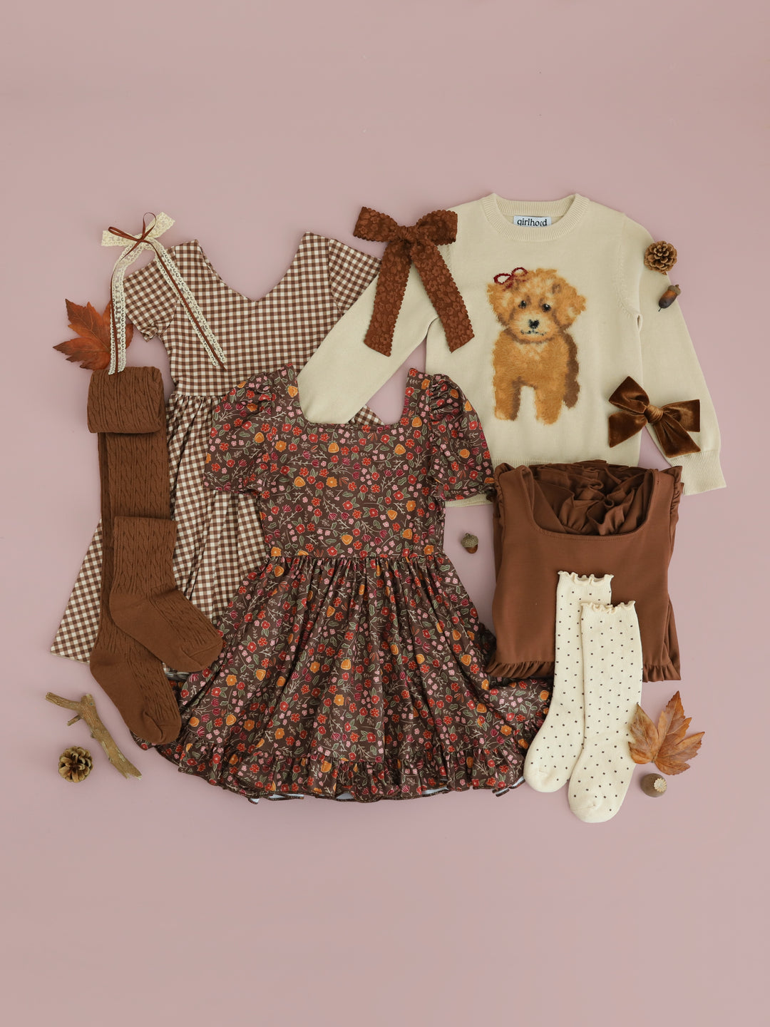 girls mix and match brown and cream twirl dresses with matching puppy sweater, socks, tights and bows
