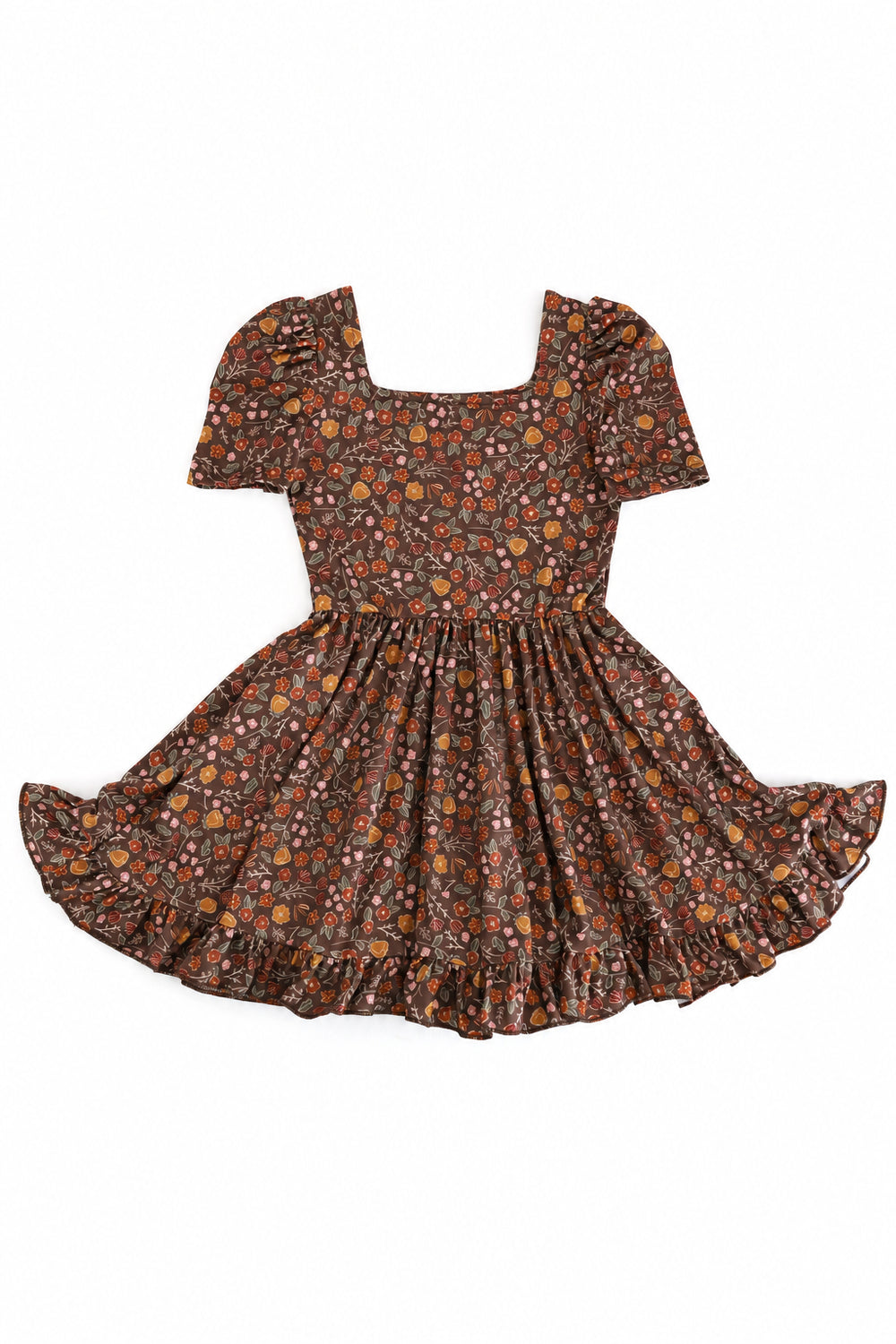 girls' brown fall floral square neck twirl dress with short sleeves and ruffled hem