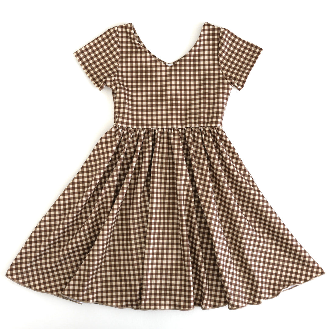 girls' v-neck, short sleeve, lettuce trim twirl dress in brown ginham for fall