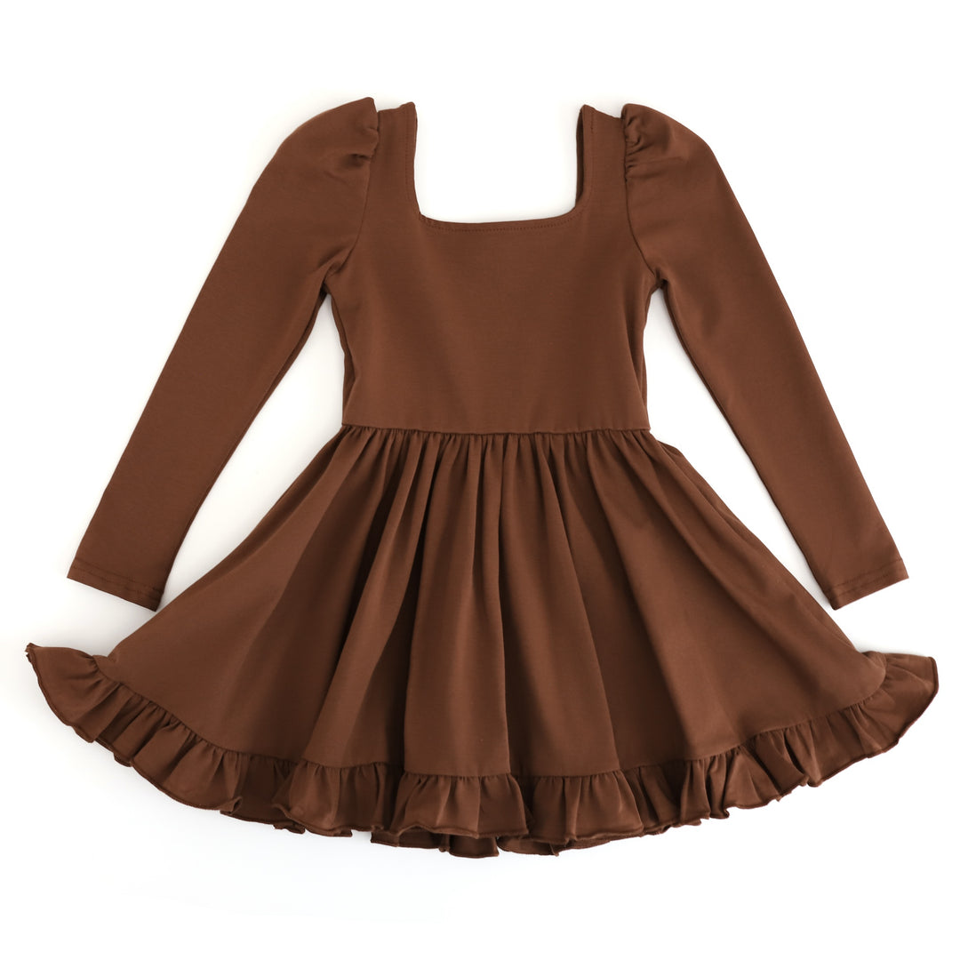 girls long sleeve cotton blend square neck twirl dress with ruffle trim in shade of rich brown for fall