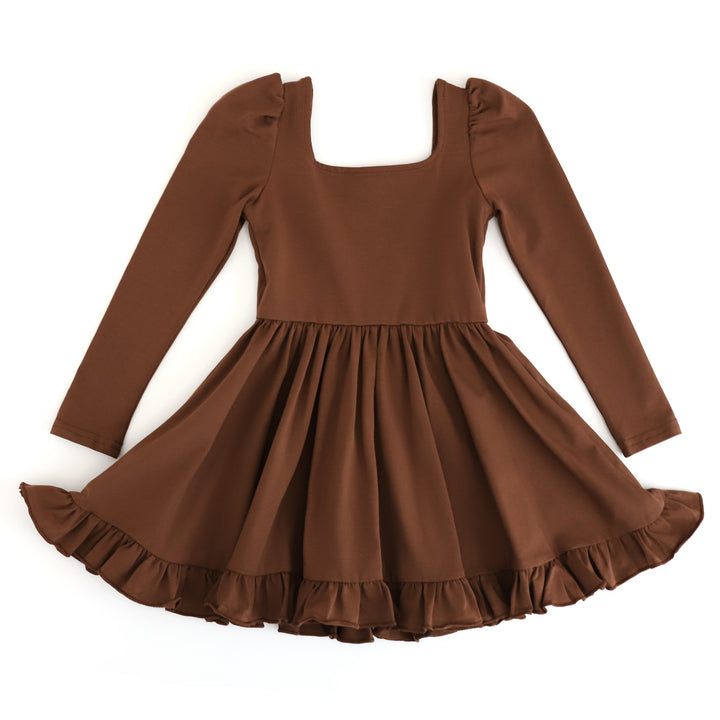 girls long sleeve cotton blend square neck twirl dress with ruffle trim in shade of rich brown for fall