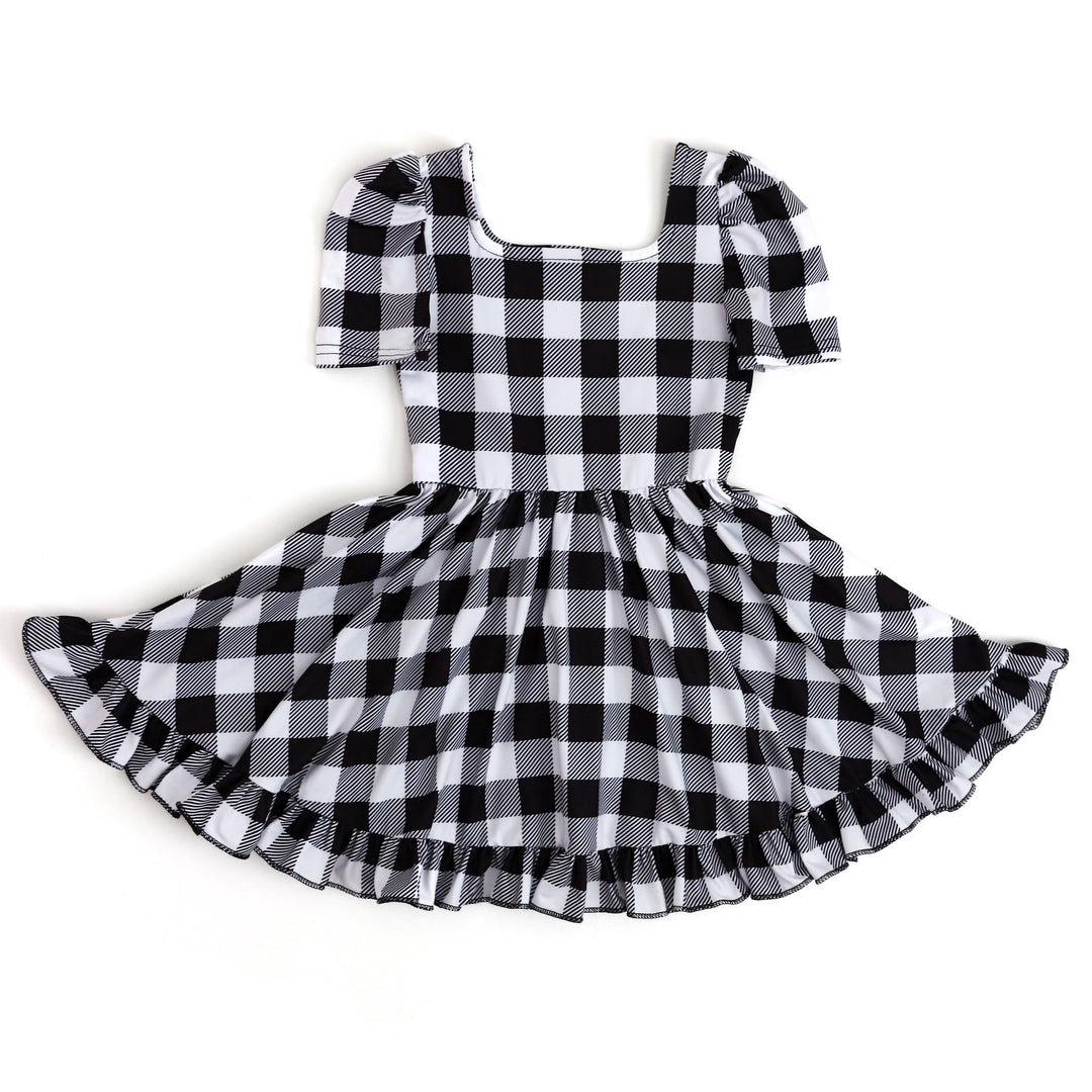 girls' black and white buffalo plaid twirl dress with square neck