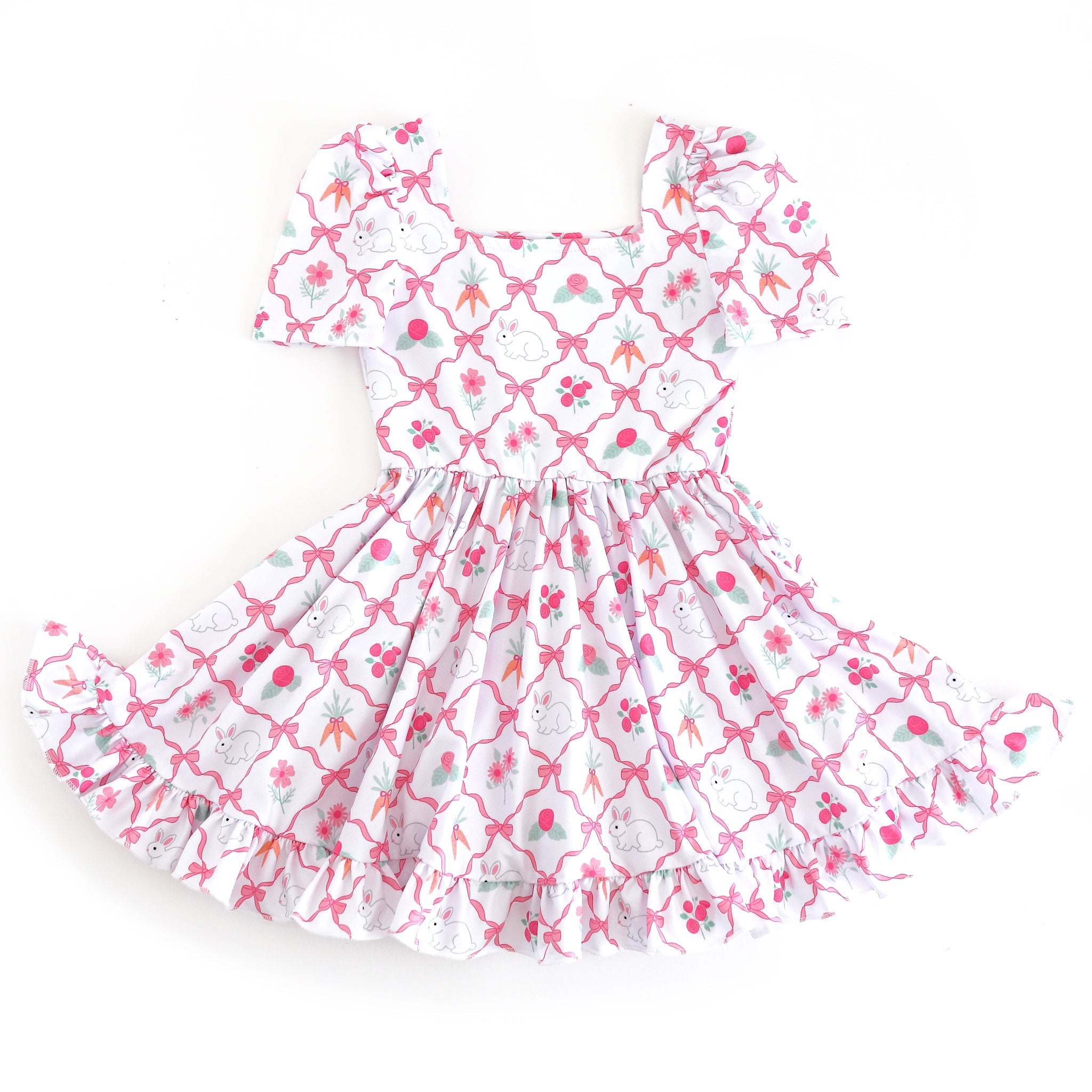 girls' white square neck twirl dress with pink ribbon and bunny themed print for Easter
