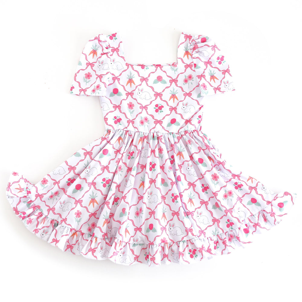 girls' white square neck twirl dress with pink ribbon and bunny themed print for Easter