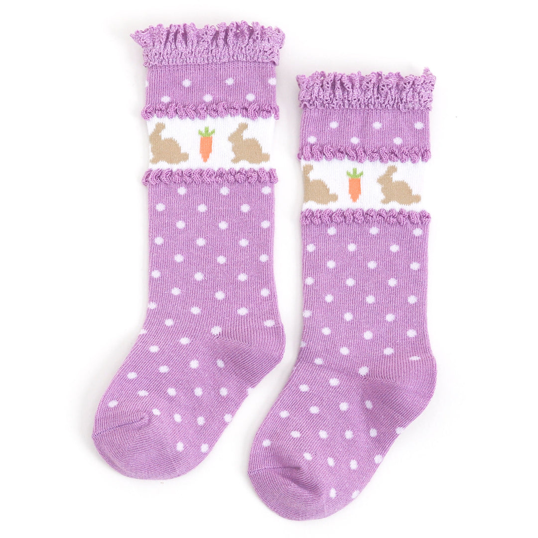 purple and white dot knee high socks for easter with bunny and carrot band 