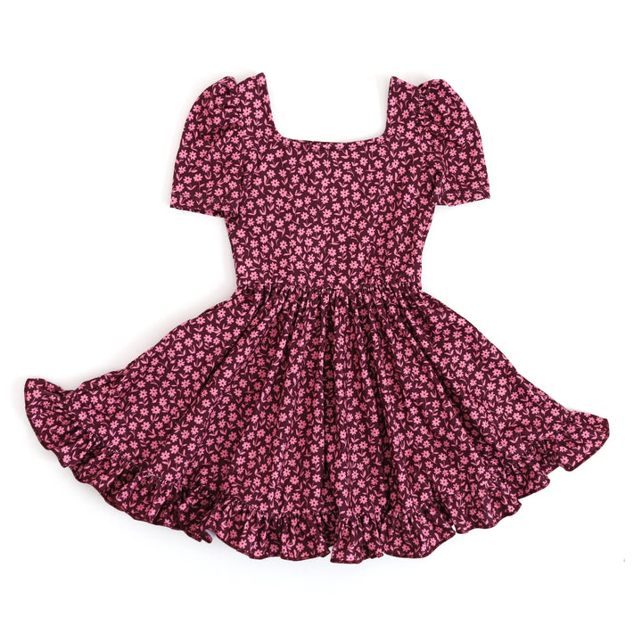 girls' fall floral twirl dress in burgundy and pink